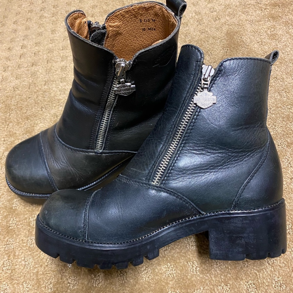 Harley Davidson biker boots black leather double zip chunky size 6.5 like new!